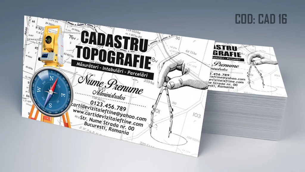Carte de vizita cadastru - model birou intabulare topograf cu plan cadastral pe fundal si text negru
