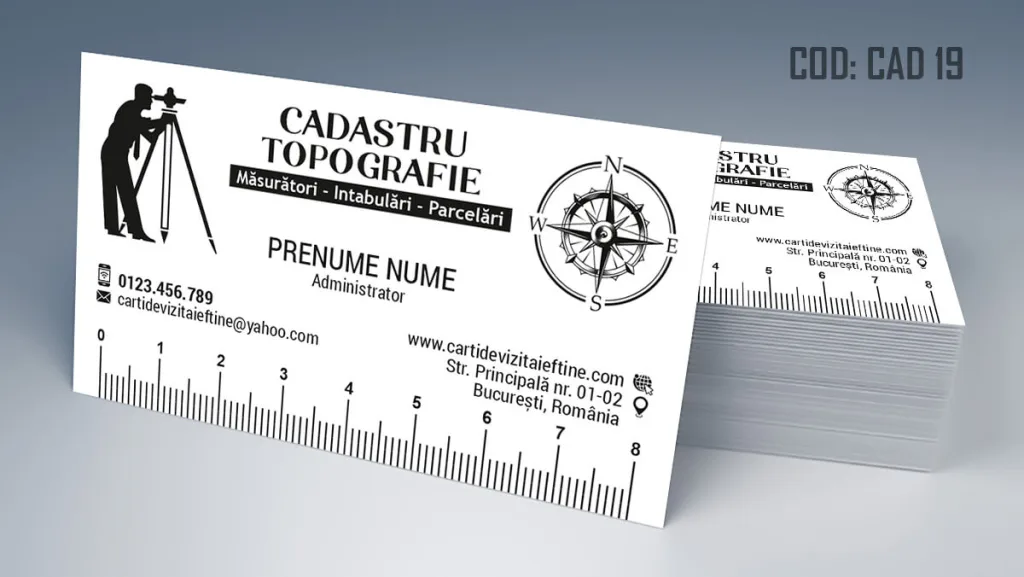 Carti de vizita cadastru - intabulare cu fundal alb text negru si topograf cu busola