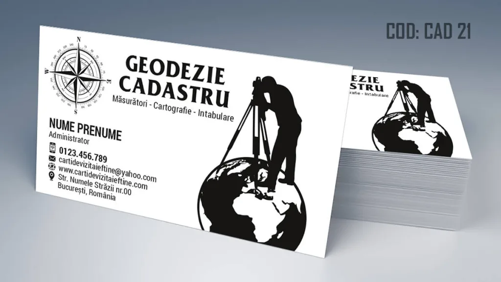 Carti de vizita cadastru - intabulare pe fundal alb cu busola si topograf culoare neagra