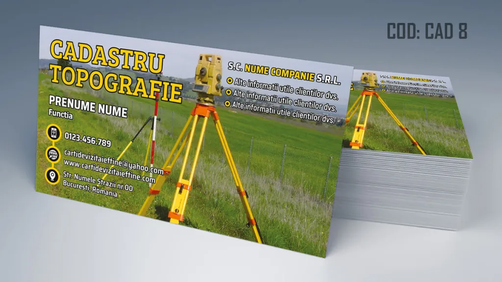 Carti de vizita cadastru - model cu aparat de topografie pe camp verde