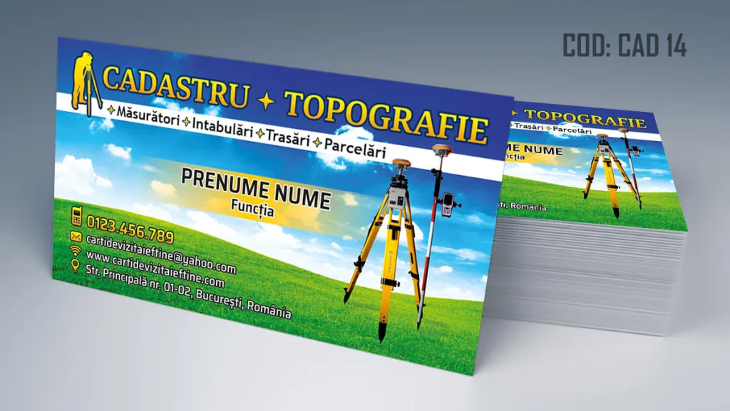 Carti de vizita cadastru - model cu cer albastru si camp text negru cu galben topografie