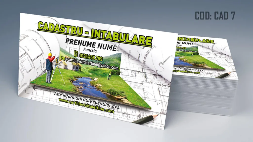 Carti de vizita cadastru - model cu topografi pe fundal si plan cadastral