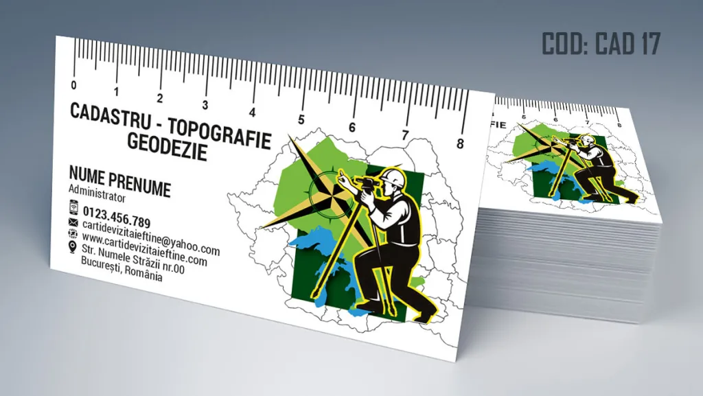 Carti de vizita cadastru - model geodezie topograf detalii alb negru si sigla color