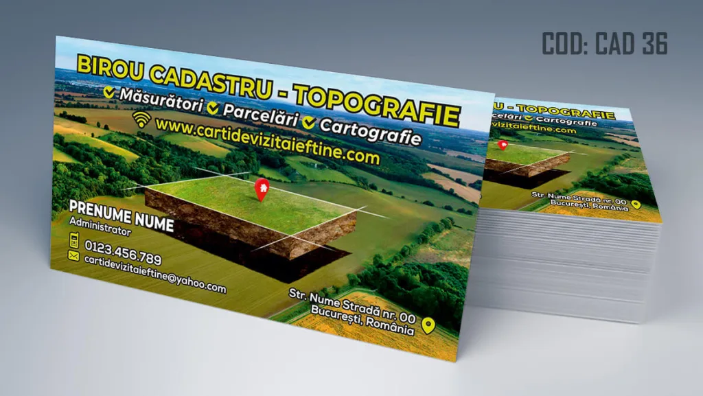 Carti de vizita cadastru - model personalizat cu teren verde si platforma 3D cu pin 36