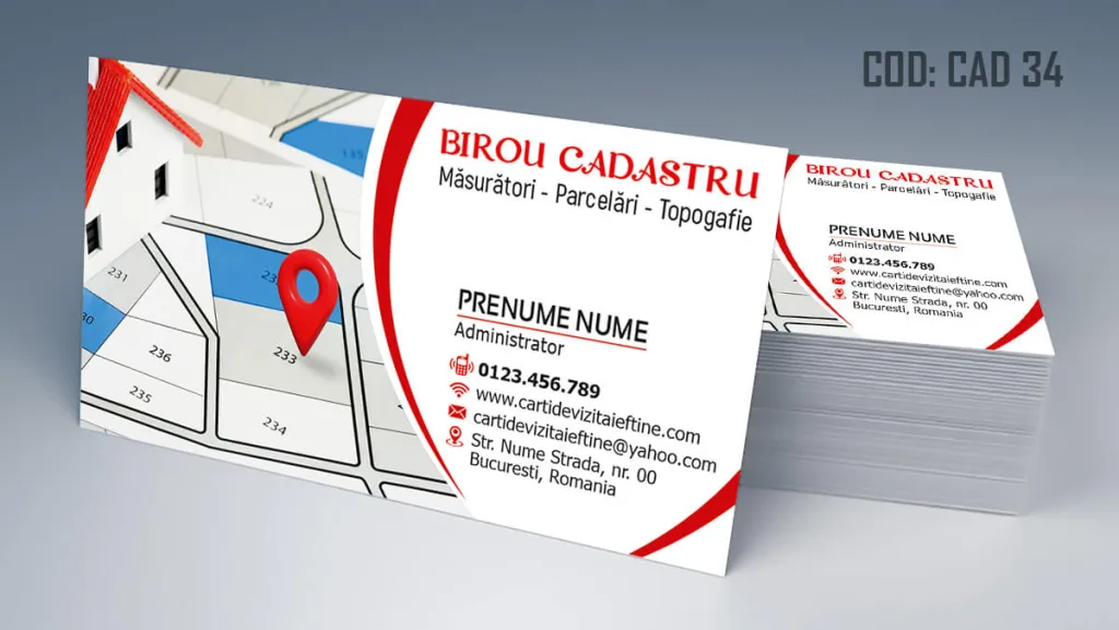 Carti de vizita cadastru - model plan cadastral cu pin si casa cu acoperis rosu 34