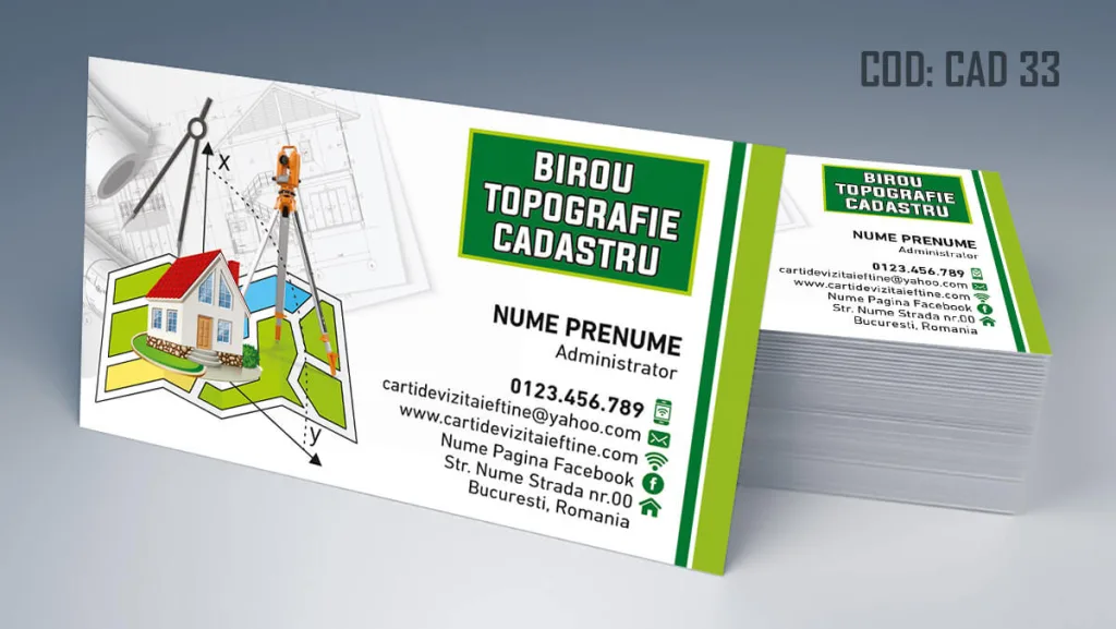 Carti de vizita cadastru - personalizat cu plan cadastral topograf text negru si verde
