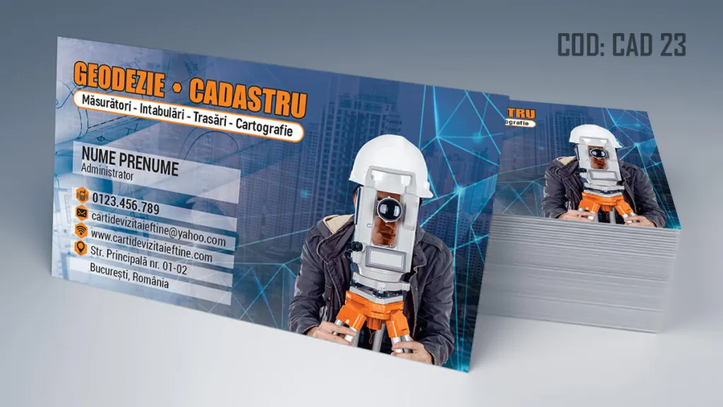 Carti de vizita geodezie - masuratori cadastrale cu topograf pe fundal albastru