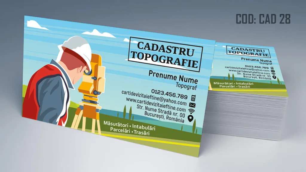 Carti de vizita topograf - model birou cadastral cu fundal color si inginer stilizat