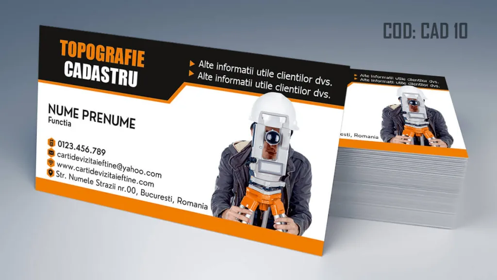 Carti de vizita topograf - model cu fundal alb si detalii portocalii