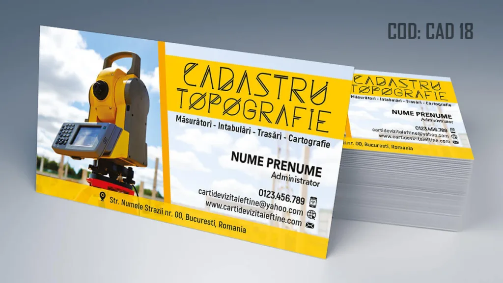 Carti de vizita topograf - model personalizat cu detalii galbene si cartografie masuratori