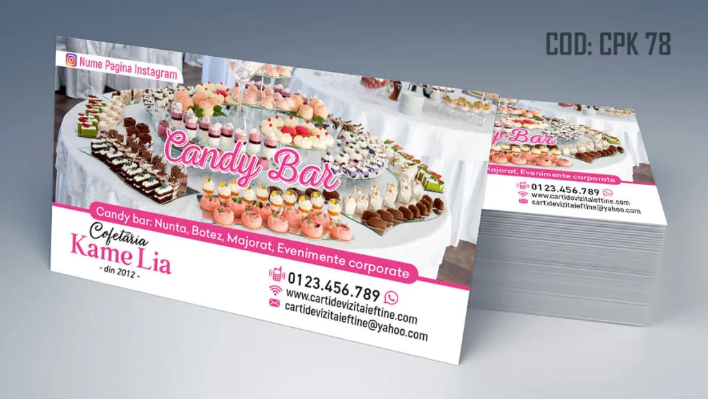 Carti de vizita candy bar masa cu dulciuri prajituri bomboane macarons nunta botez - cod CPK 78