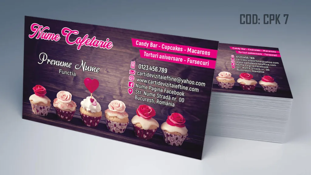 Carti de vizita cofetarie cu cupcakes mici pe fundal - cod CPK 7