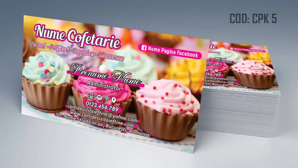 Carti de vizita cofetarie cu fundal cupcakes colorate - cod CPK 5