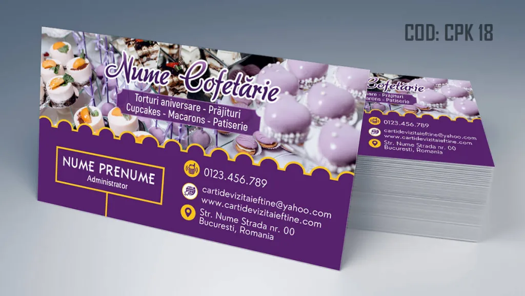 Carti de vizita cofetarie cu fundal mov si dulciuri glazurate candy bar - cod CPK 18