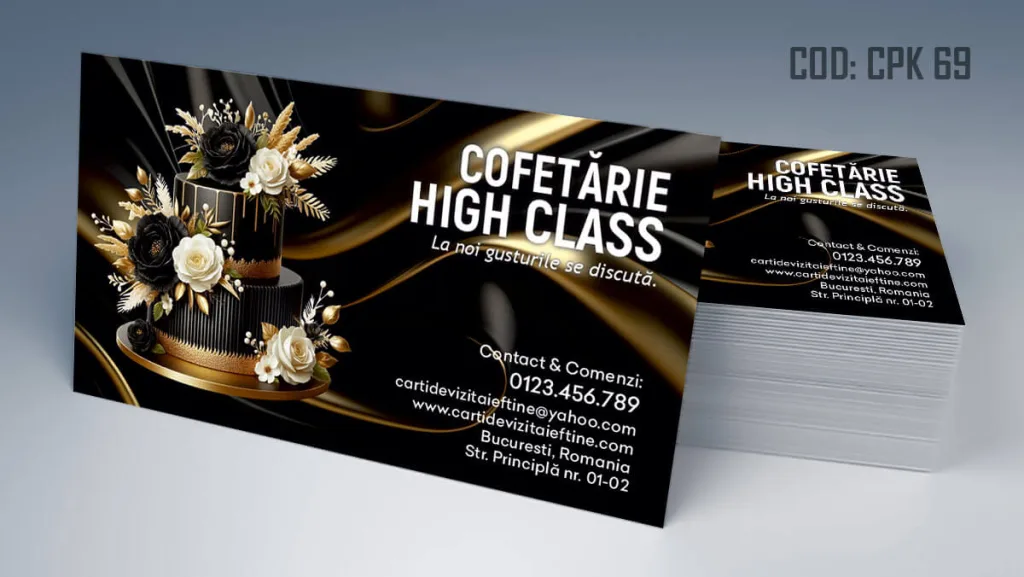 Carti de vizita cofetarie de lux model gratuit tort negru cu flori negre foita de aur - cod CPK 69