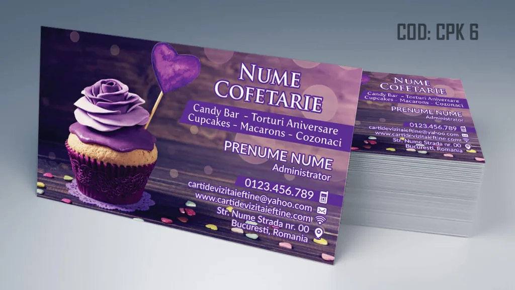 Carti de vizita cofetarie model cu cupcake mov - cod CPK 6