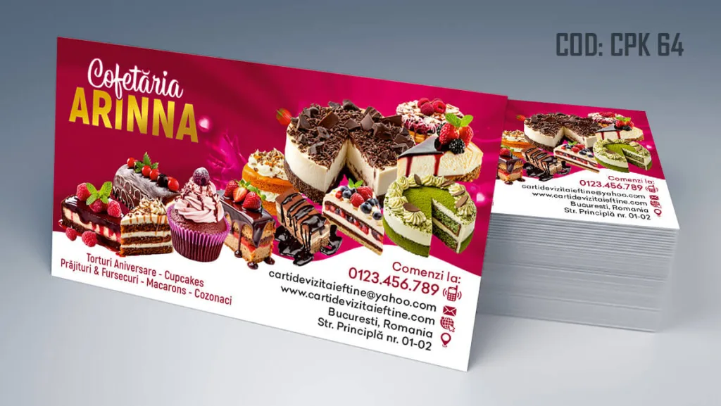 Carti de vizita cofetarie model cu prajituri toruturi fistic ciocolata zmeura - cod CPK 64