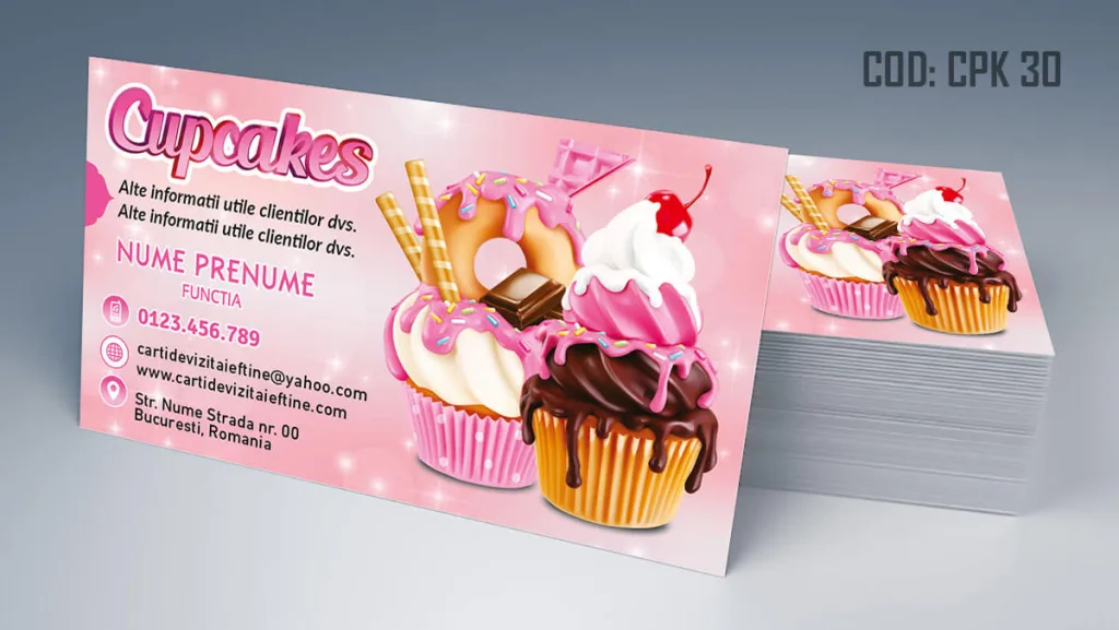 Carti de vizita cofetarie model gratis cupcakes briose dulciuri fundal roz - cod CPK 30