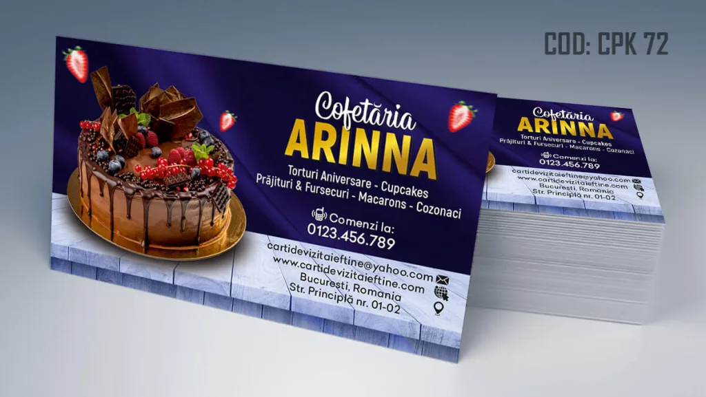 Carti de vizita cofetarie model gratis tort pe fundal albastru inchis - cod CPK 72