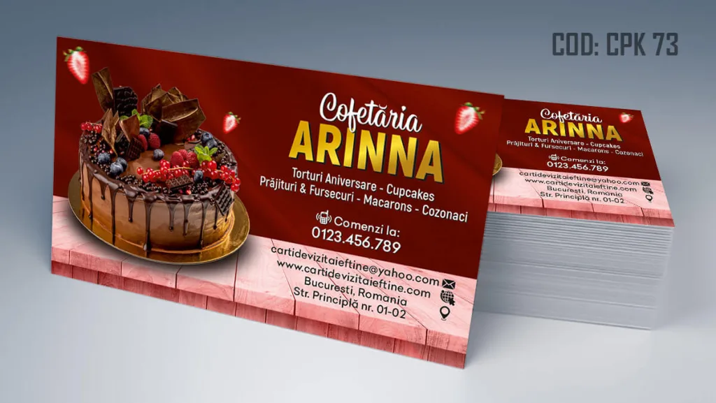 Carti de vizita cofetarie model gratis tort pe fundal rosu inchis visiniu - cod CPK 73