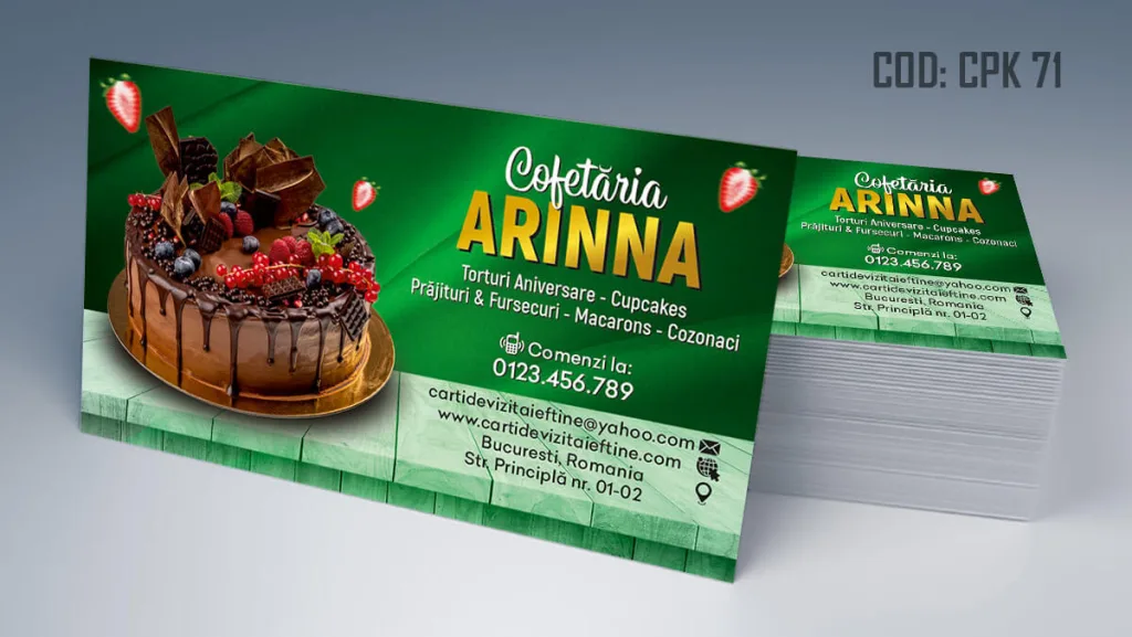 Carti de vizita cofetarie model gratis tort pe fundal verde - cod CPK 71
