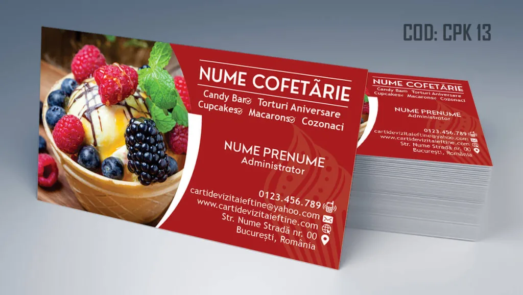 Carti de vizita cofetarie model gratuit cu inghetata fructe de padure pe fundal rosu - cod CPK 13