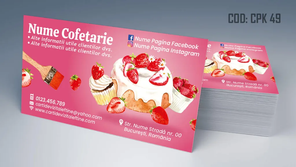 Carti de vizita cofetarie model gratuit fundal roz capsuni si frisca - cod CPK 49