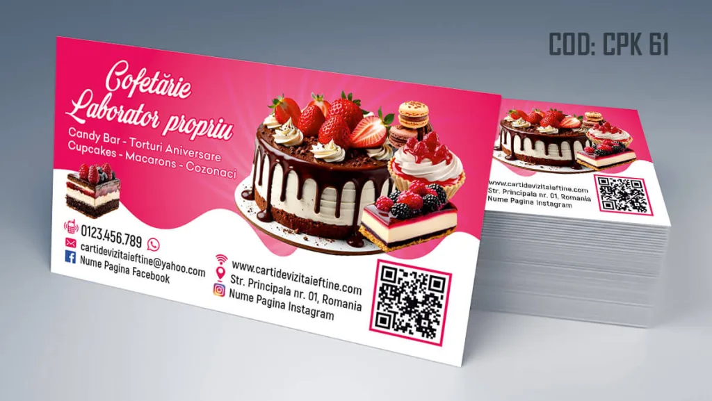 Carti de vizita cofetarie model gratuit superb cu tort si prajituri macarons - cod CPK 61