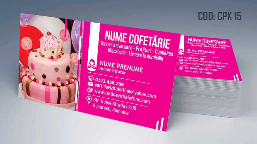 Carti de vizita cofetarie model gratuit torturi personalizate martipan acadele fundal fucsia- cod CPK 15