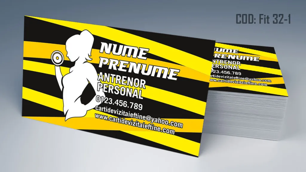 Carti de vizita antrenor personal - fundal negru dungi galbene femeie Cod FIT 32-1