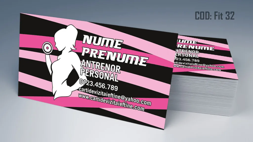 Carti de vizita antrenor personal - fundal negru dungi roz femeie Cod FIT 32
