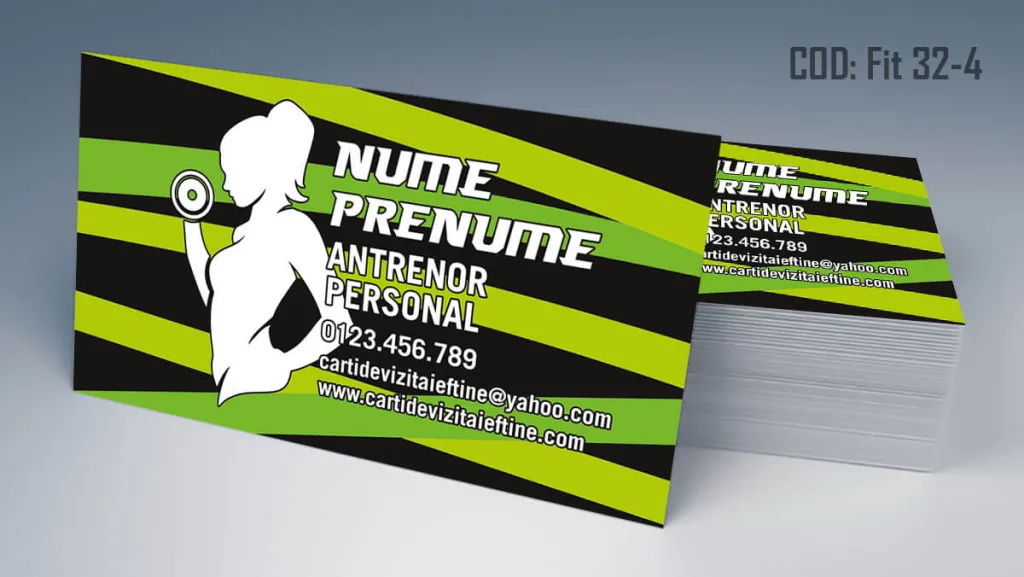 Carti de vizita antrenor personal - fundal negru dungi verzi femeie Cod FIT 32-4