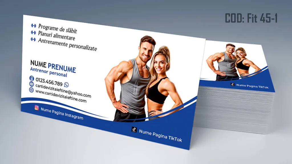 Carti de vizita antrenor personal - model cuplu fitness detalii albastre Cod FIT 45-1