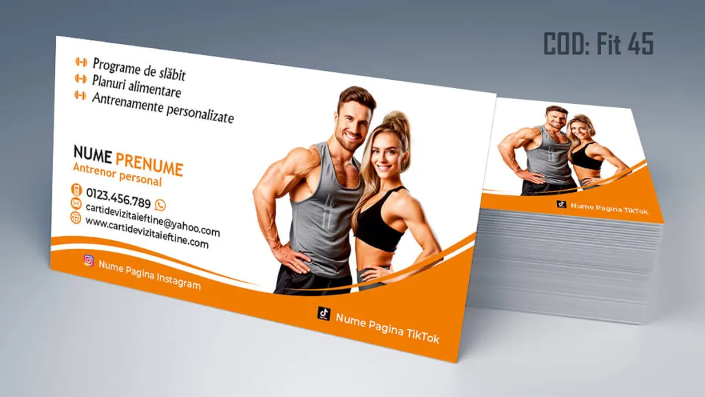 Carti de vizita antrenor personal - model cuplu fitness detalii portocalii Cod FIT 45