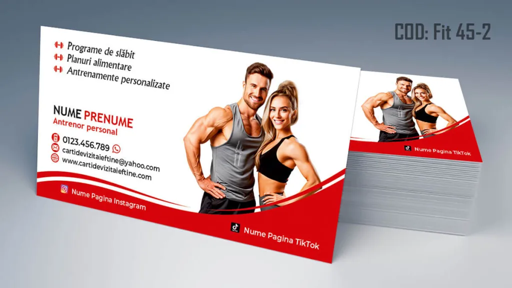 Carti de vizita antrenor personal - model cuplu fitness detalii rosii Cod FIT 45-2