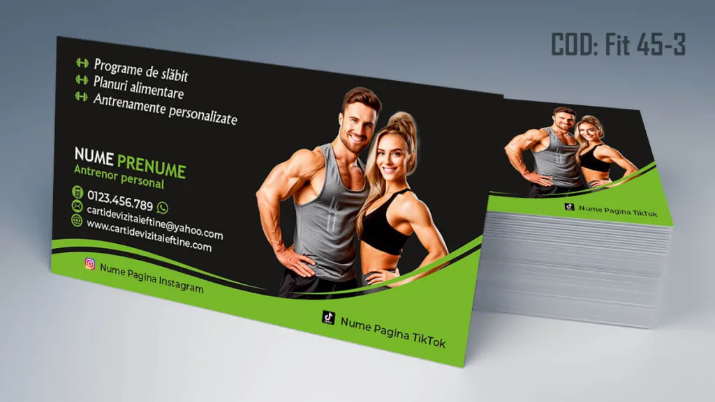 Carti de vizita antrenor personal - model cuplu fitness detalii verzi Cod FIT 45-3