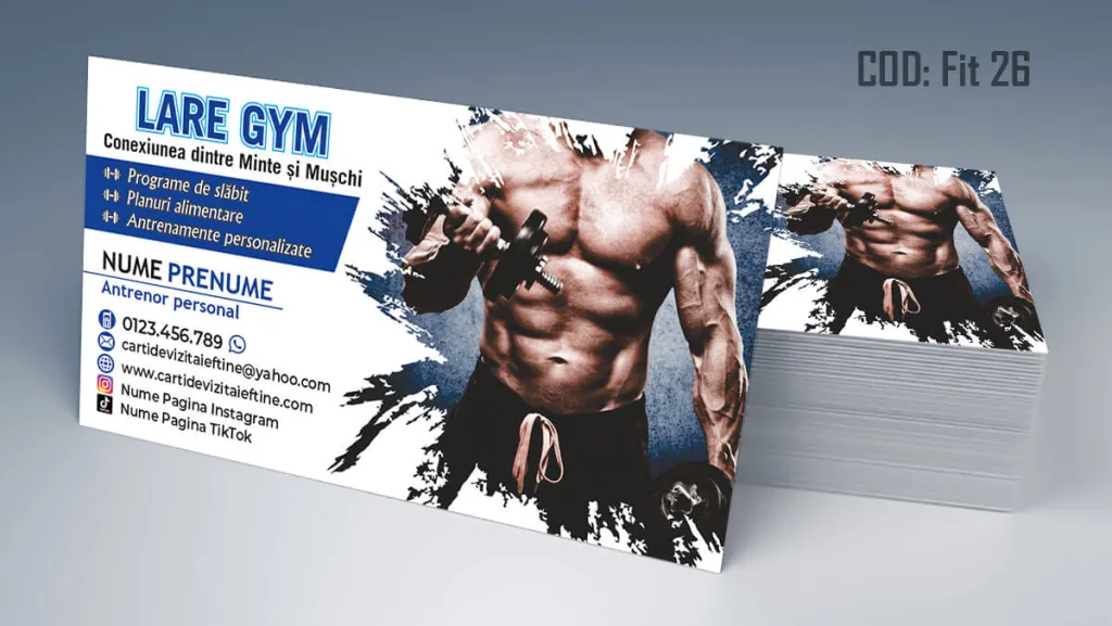 Carti de vizita fitness, antrenor personal - model barbat culturist cu gantere Cod FIT 26