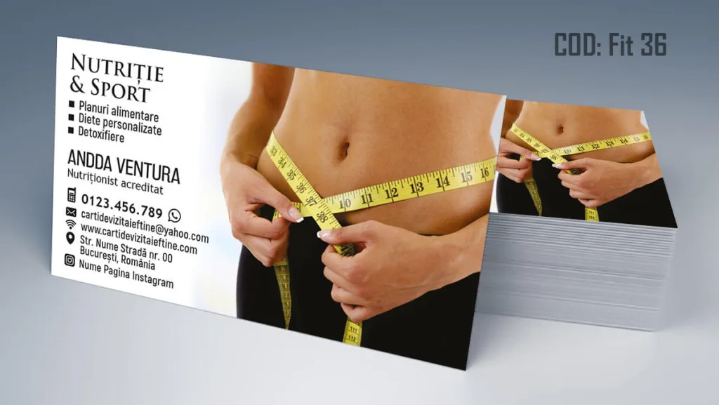 Carti de vizita fitness, antrenor personal - model femeie cu centimetru pe abdomen Cod FIT 36