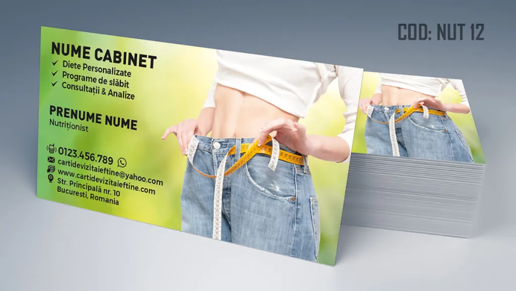 Carti de vizita nutritionist - fundal verde cu femeie si centimetru Cod NUT 12