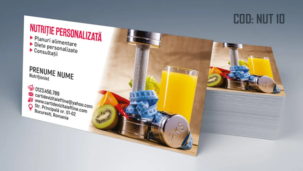 Carti de vizita nutritionist - model cu gantera legume suc Cod NUT 10
