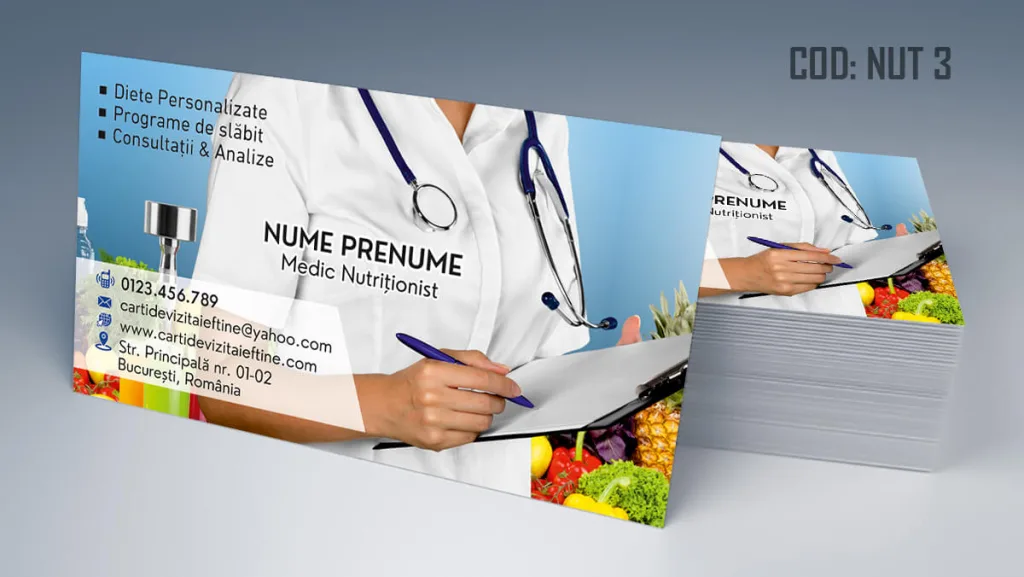 Carti de vizita nutritionist - model medic femeie stetoscop si legume Cod NUT 3