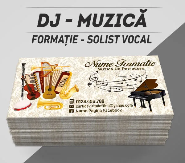modele carti de vizita dj, muzica, petrecere, formatie, solist vocal, taraf, instrumente muzicale, magazin muzica, studio inregistrare, lumini club