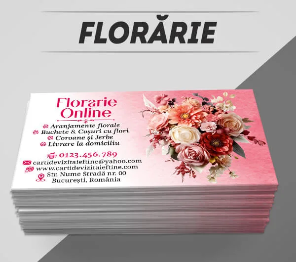 modele carti de vizita florarie, florist, magazin de flori, aranjamente florale, coroane, jerbe, ornamente flori, butasi trandafiri