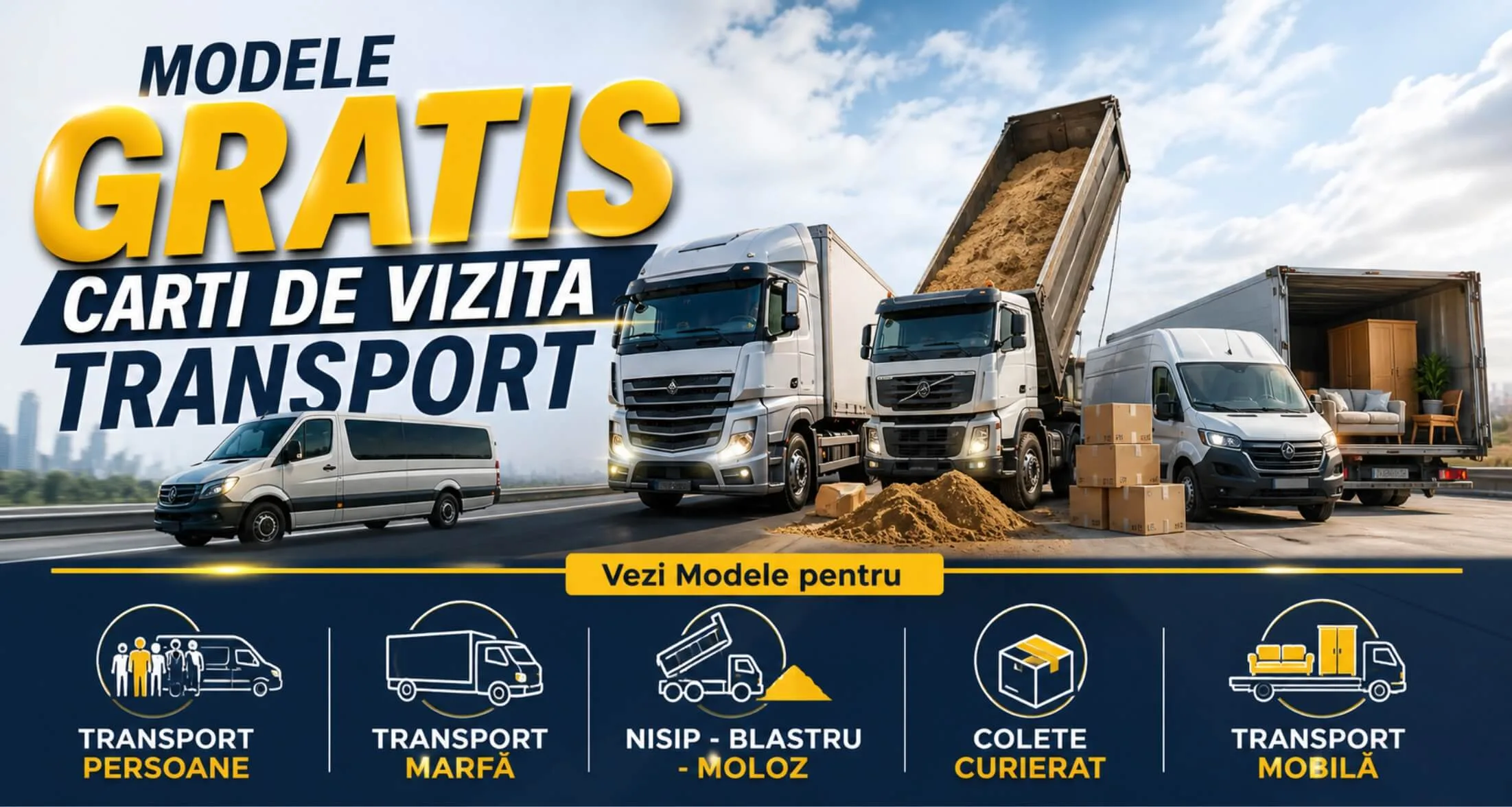 modele carti de vizita transport, persoane, marfa, nisip, balastru, moloz, colete curierat, mobila, transport intern international